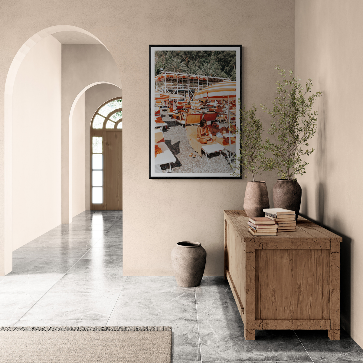 Lounging In Lido Positano wall art framed print styled in a room