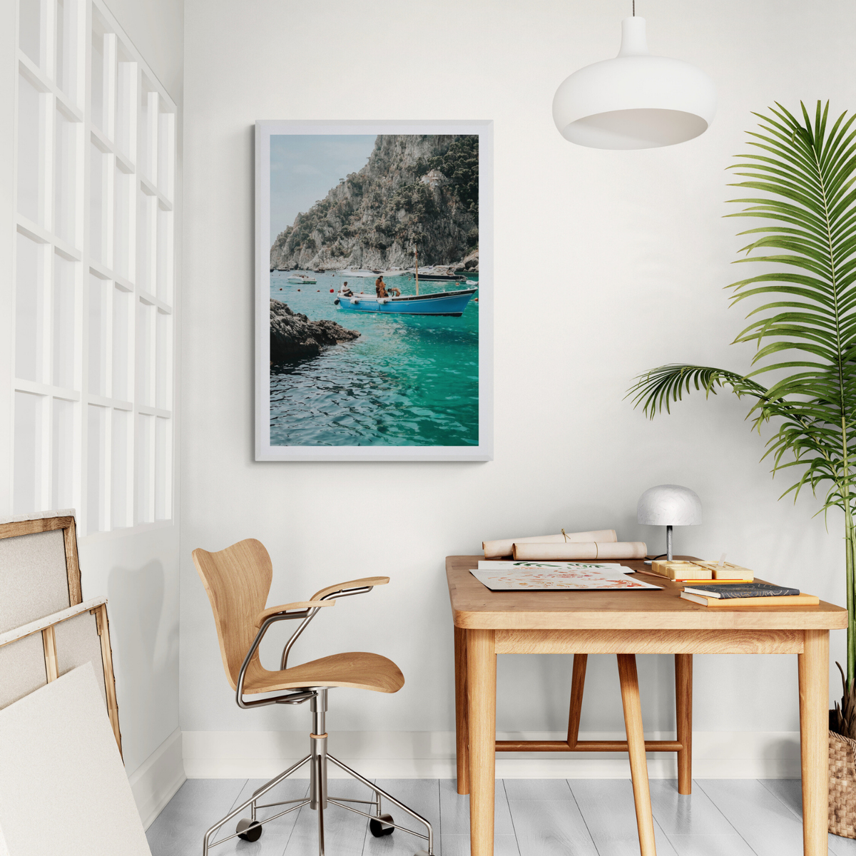 Emerald Escape Capri Italian coastal wall art framed print styled in a room