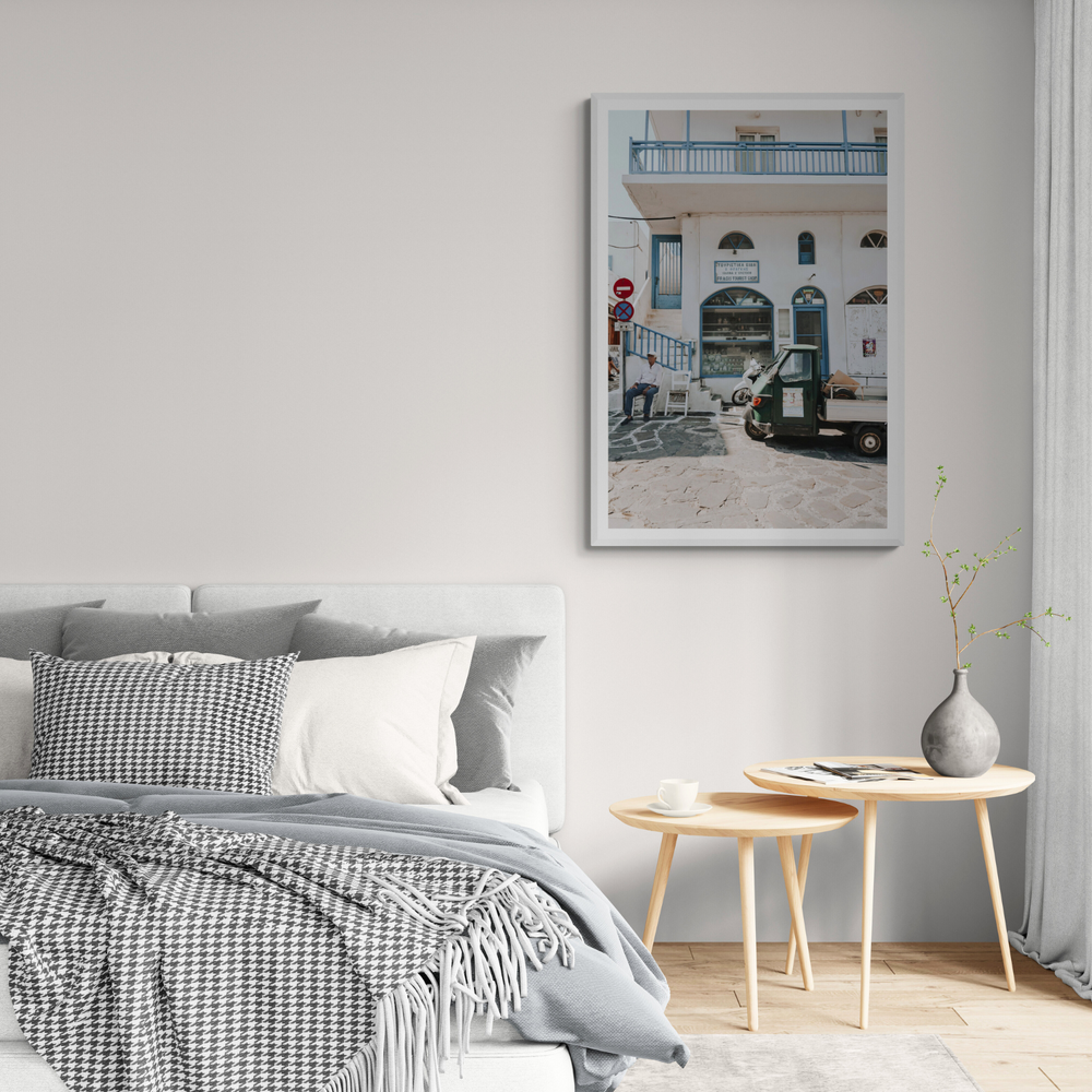 The Mykonian Repose Greek island Greece wall art framed print styled in a room view 2