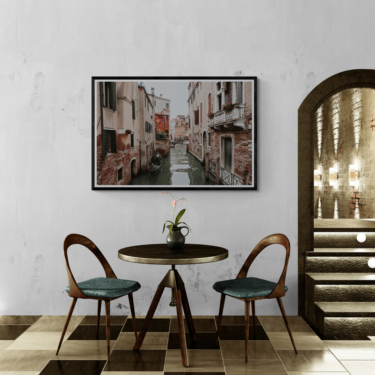 Venetian Gothic fine art print of a Venice canal styled in a dining room