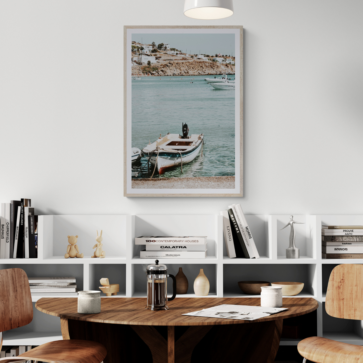 Classic Wheels Mykonos Greek island wall art framed print styled in a room