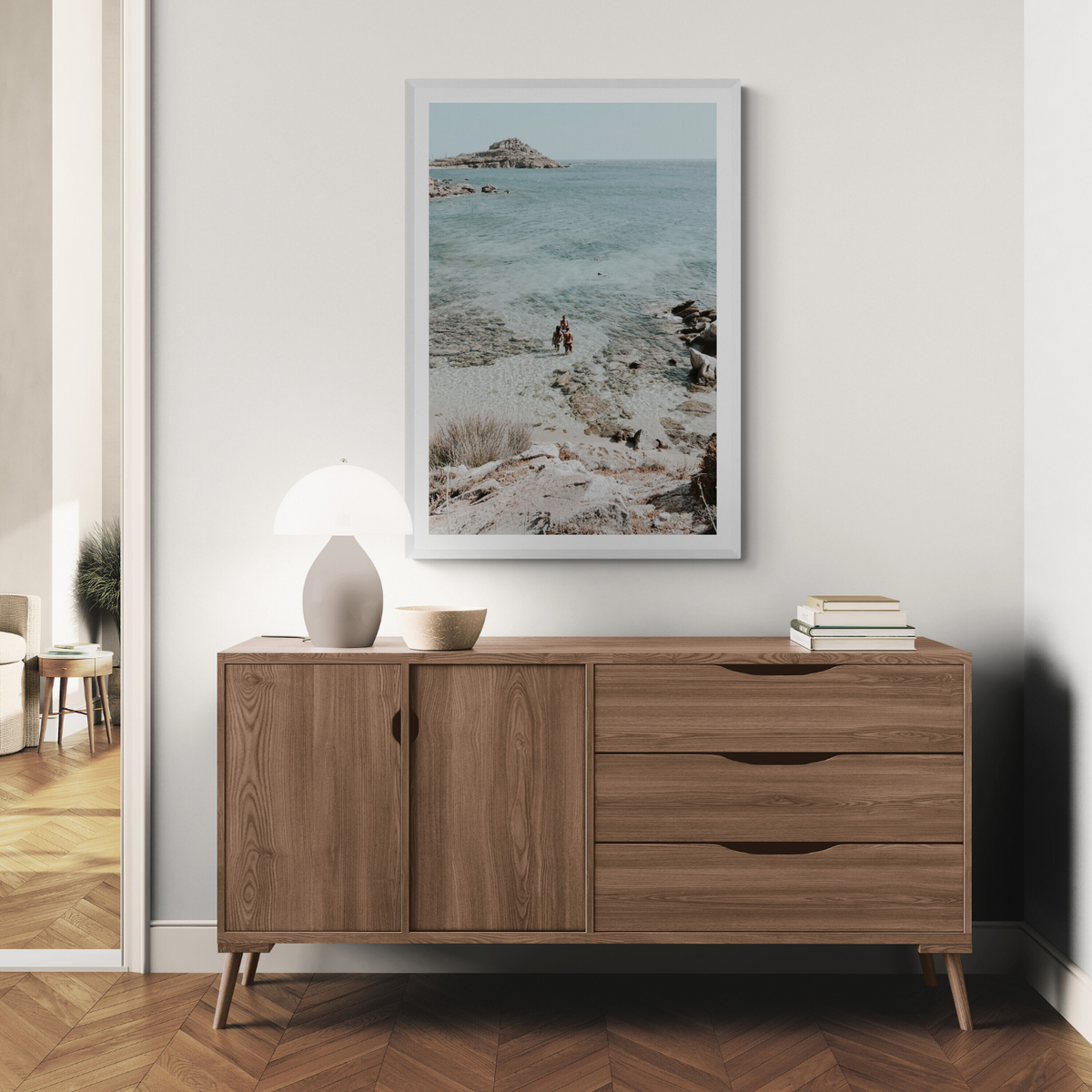 Island Life Mykonos coastal Greek island wall art framed print styled in a room