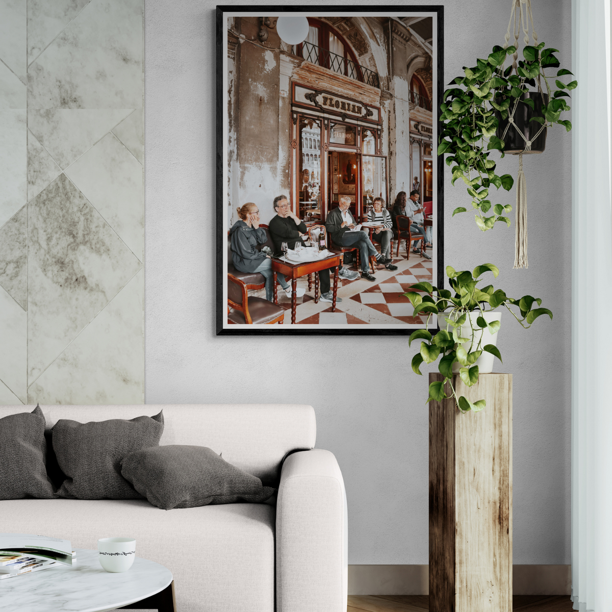 Tea Room Venice Italian wall art framed print styled in a room view 2