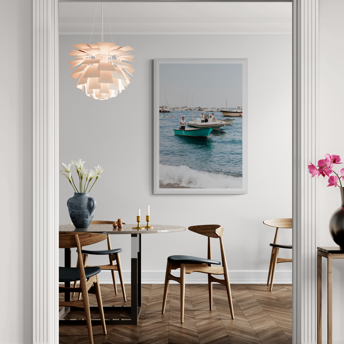 Twilight Tenders Positano wall art framed print styled in a room