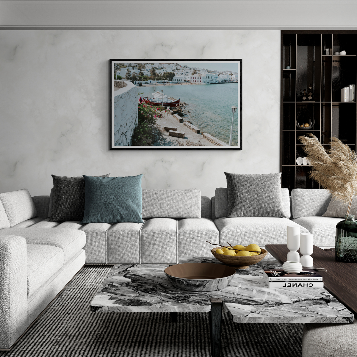 Harika Mykonos Greek island wall art framed print styled in a room