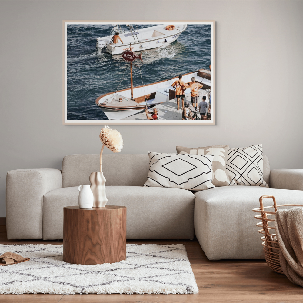 Water Taxi Positano wall art framed print styled in a room view 2