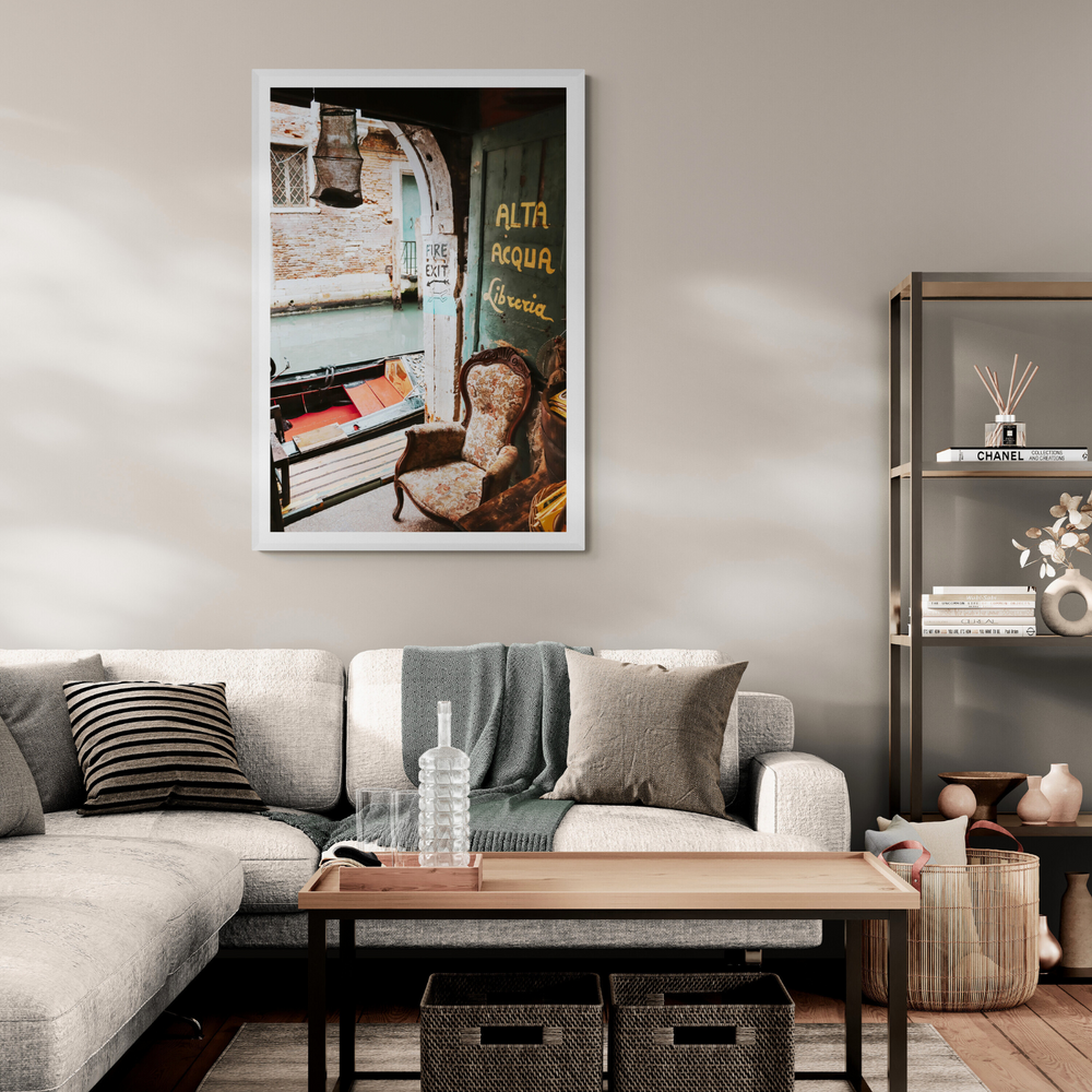 Alta Acqua Venice Bookstore wall art framed print styled in a room view 3