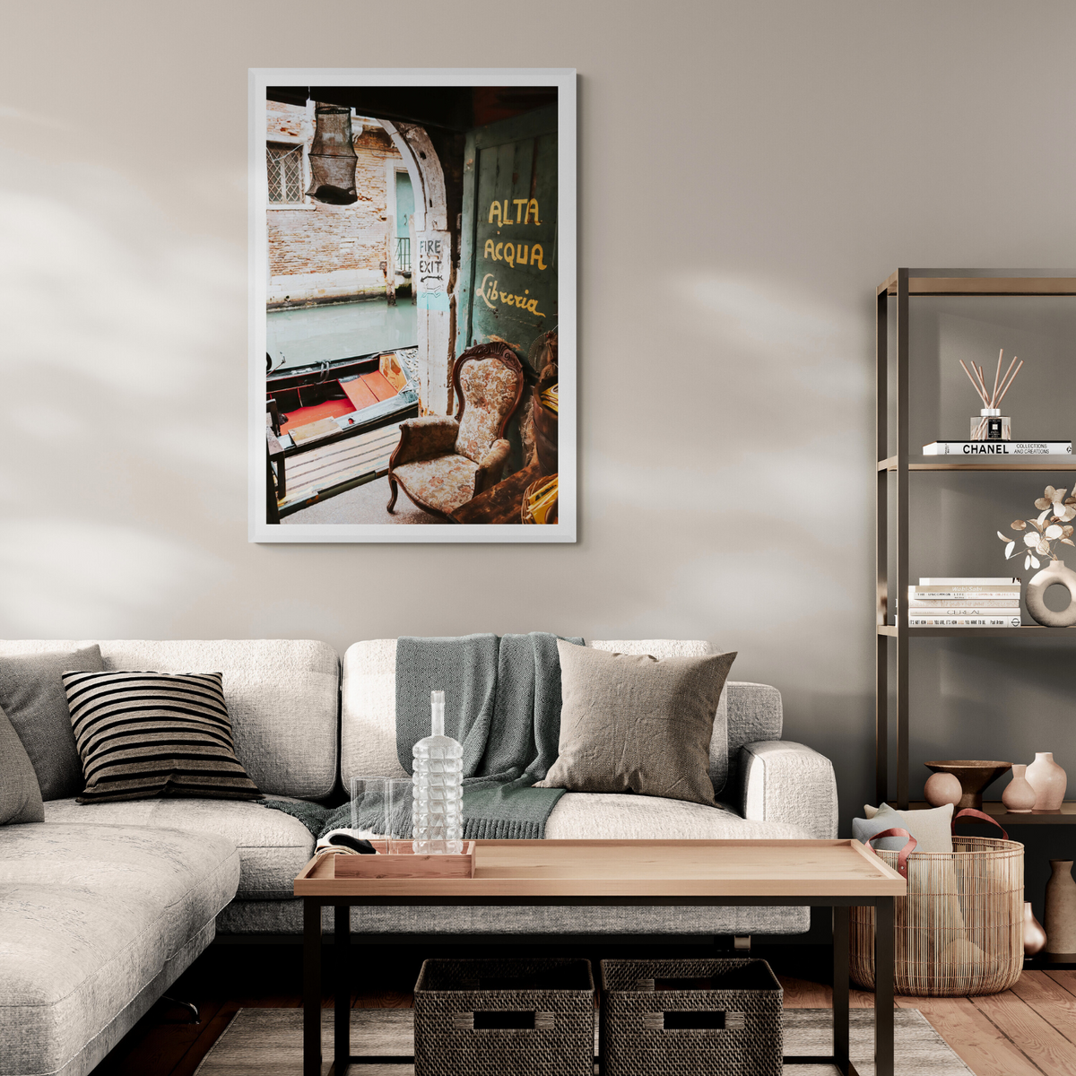 Alta Acqua Venice Bookstore wall art framed print styled in a room view 3