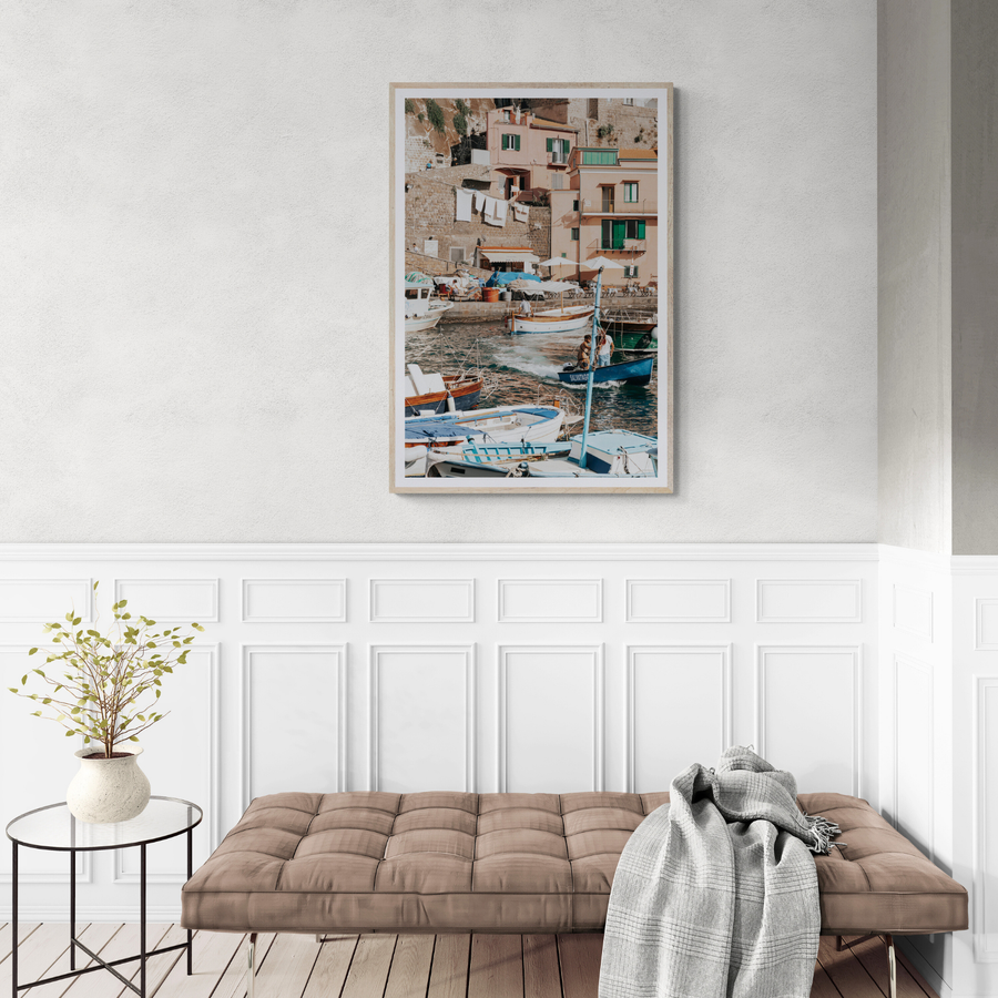 Coastal Carousel Sorrento Italian coastal wall art framed print styled in a room