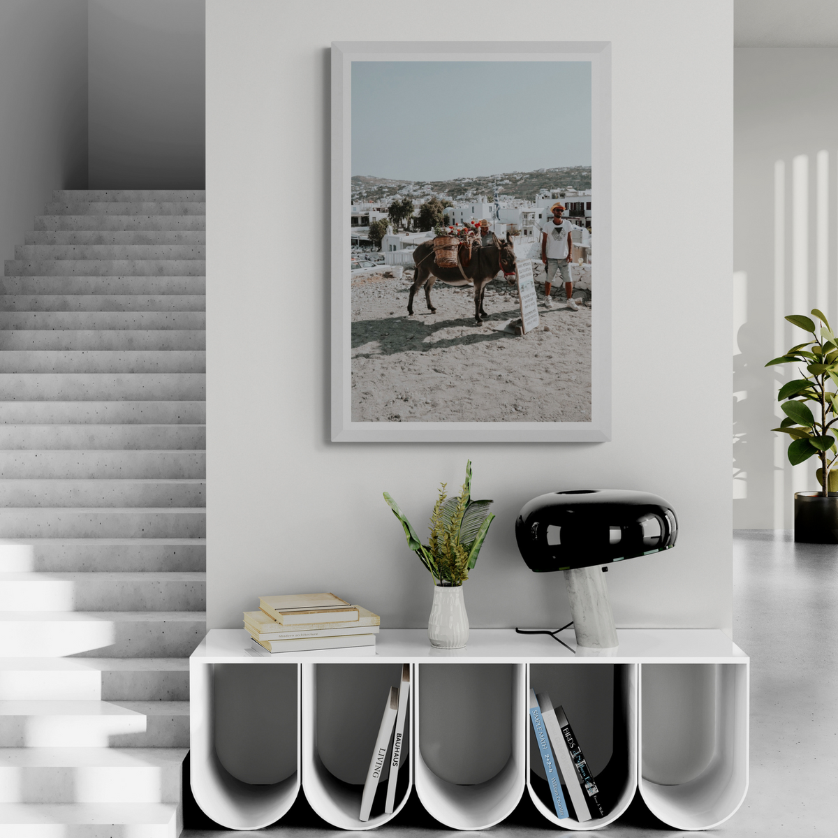 Let The Journey Begin Mykonos Greek island wall art framed print styled in a room view 2
