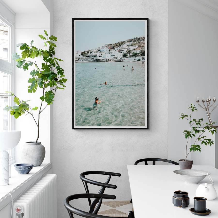 Beside The Seaside Mykonos beach Greek island wall art framed print styled in a room