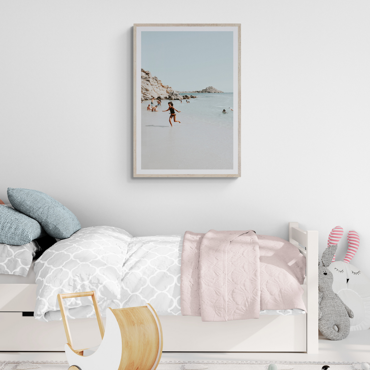 Skipping Angel Mykonos Greek island decor wall art framed print styled in a room