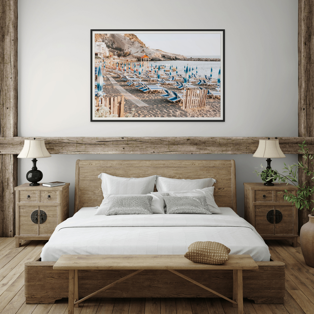 Sandy Daydreams Ischia beach coastal wall art framed print styled in a room