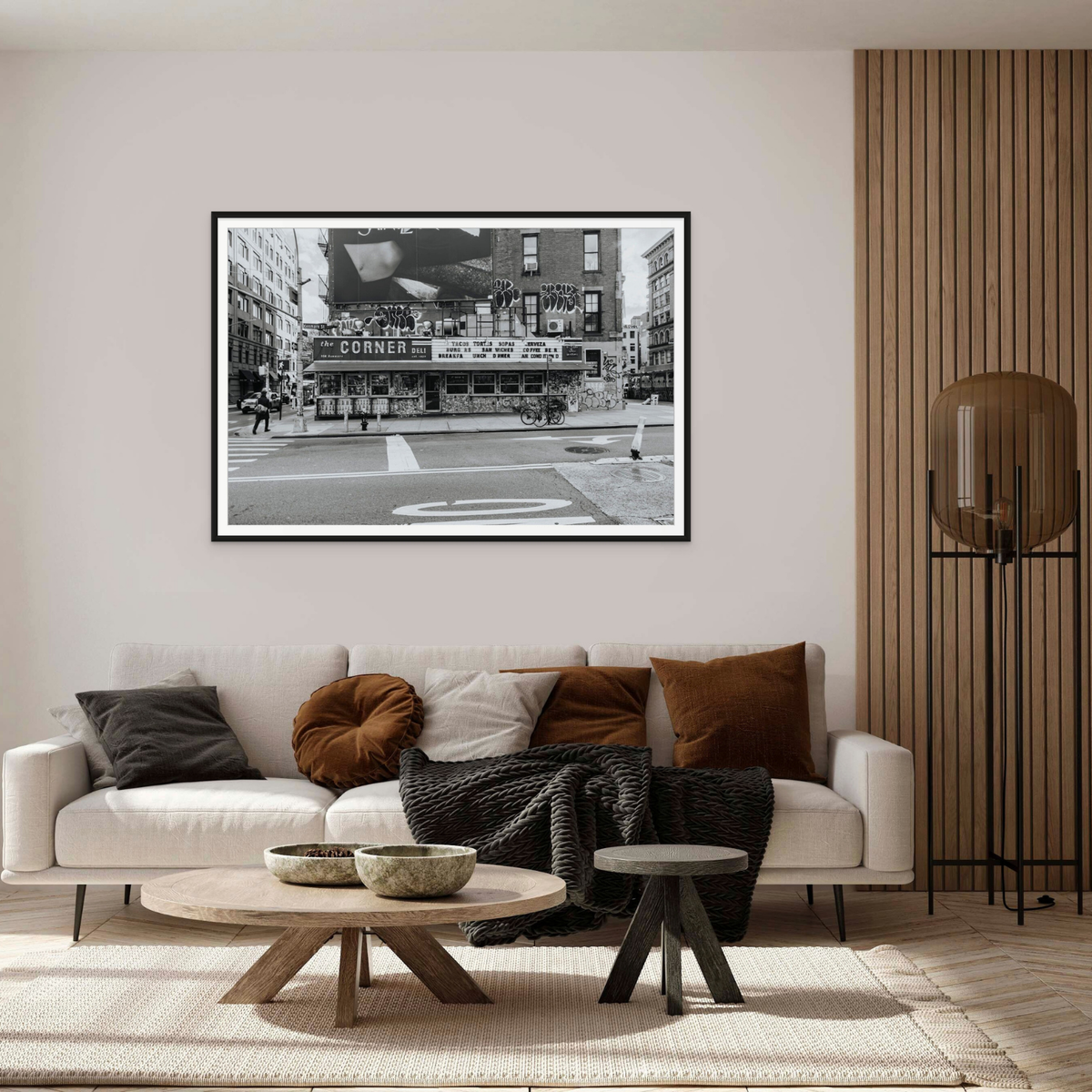 Kenmare Street New York NYC Black & White wall art framed print styled in a room