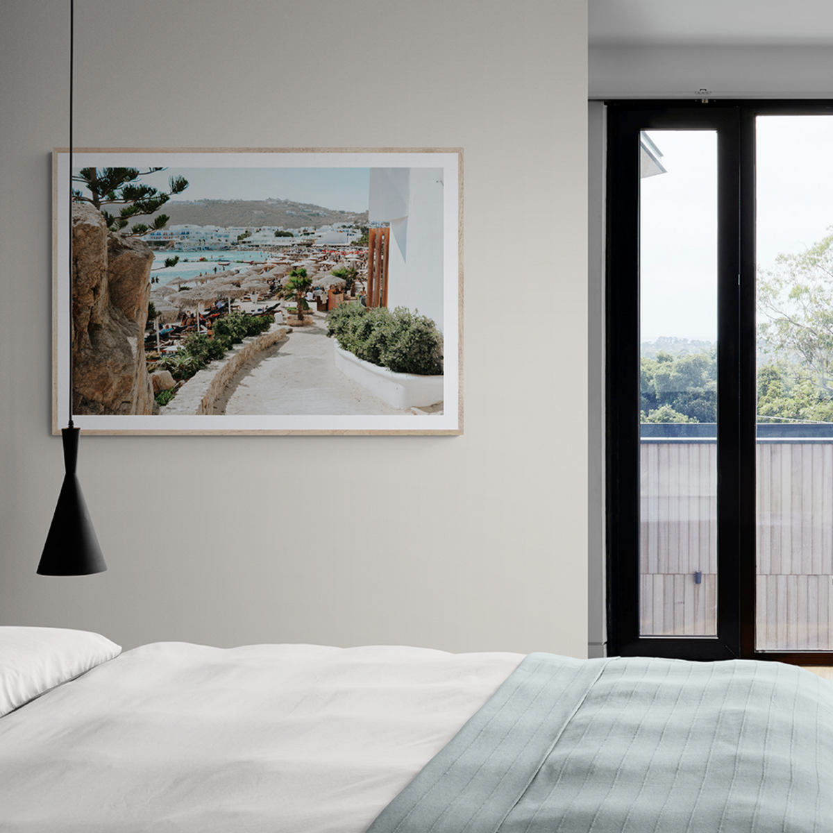 Kalimera Mykonos Greek island wall art framed print styled in a room