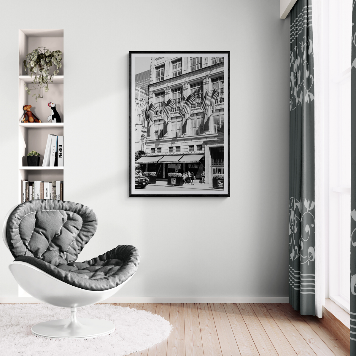 Luxury On Fifth New York NYC Black & White wall art framed print styled in a room