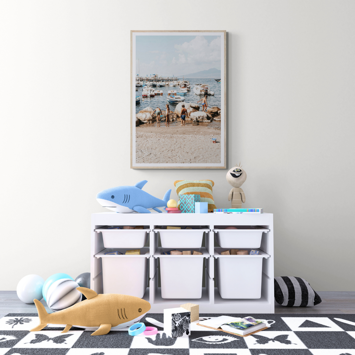 Searching For Treasures Sorrento coastal wall art framed print styled in a room