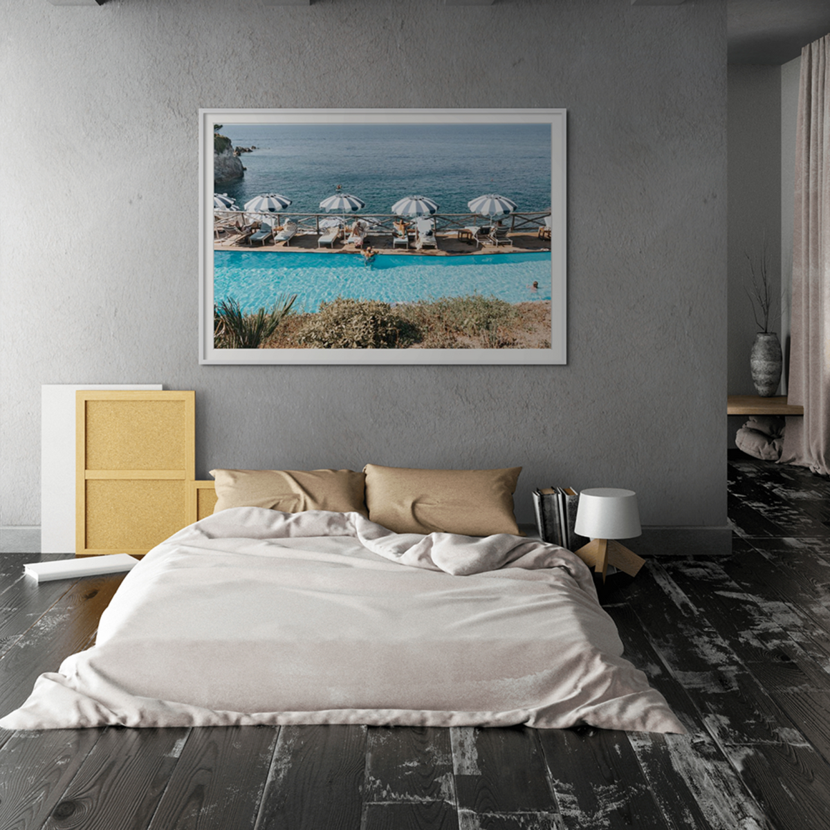 Hues Of Blues Ischia Mediterranean wall art framed print styled in a room