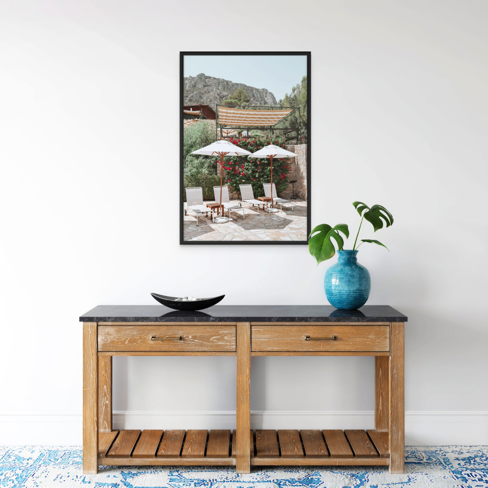Shades of Leisure Tuscany coastal Italian wall art framed print styled in a room view 3