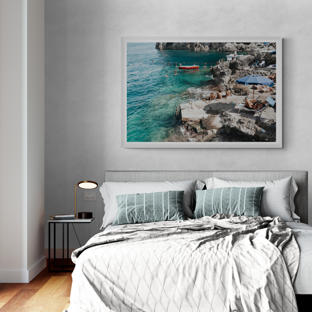 Serenity By The Sea Capri Mediterranean wall art framed print styled in a room view 3
