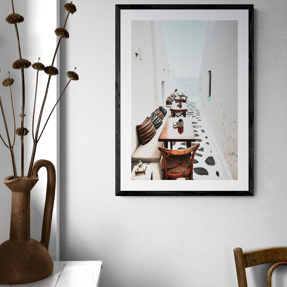 Trip Down Memory Lane Mykonos Greek island wall art framed print styled in a room view 2