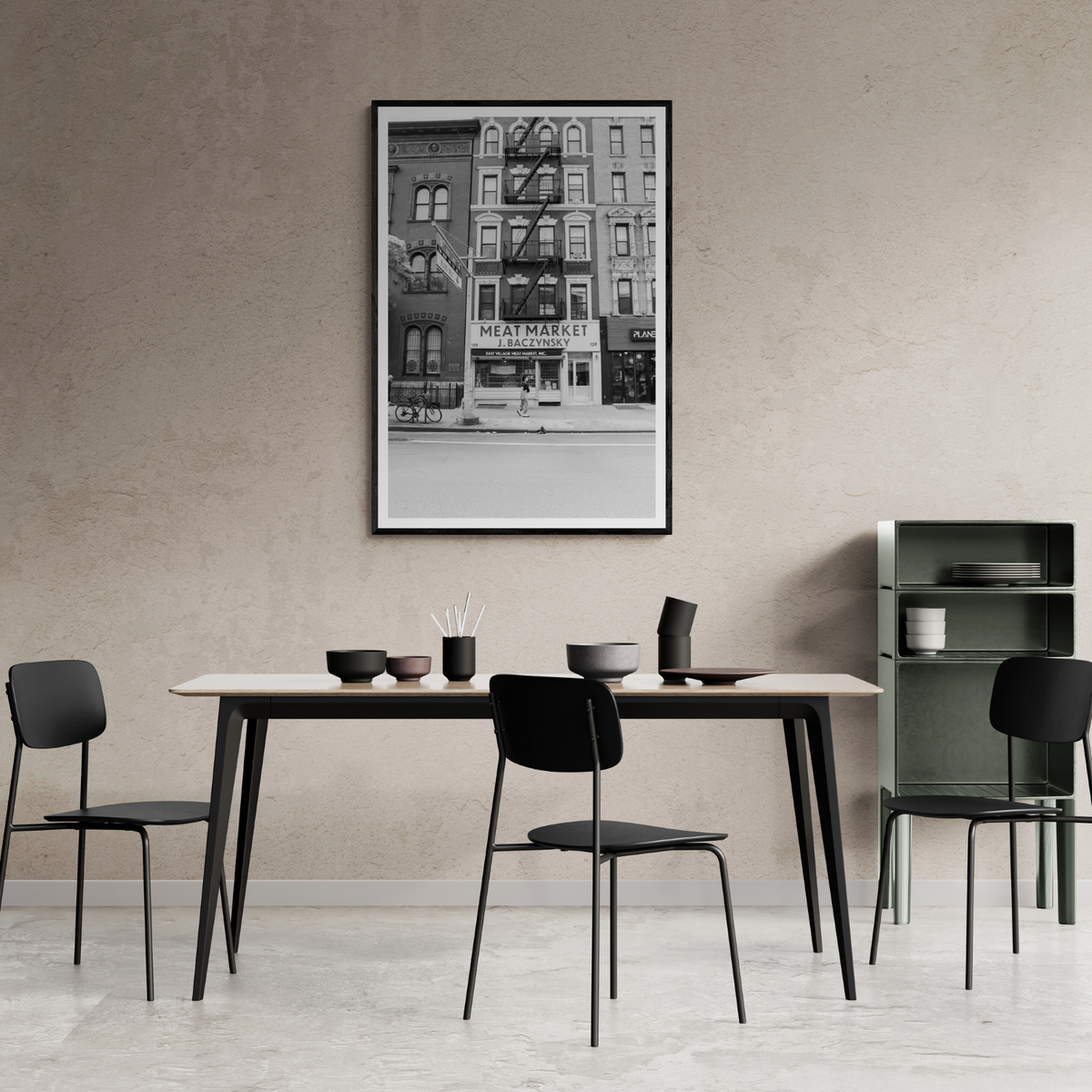 Vertical Village New York NYC Black & White wall art framed print styled in a room view 2