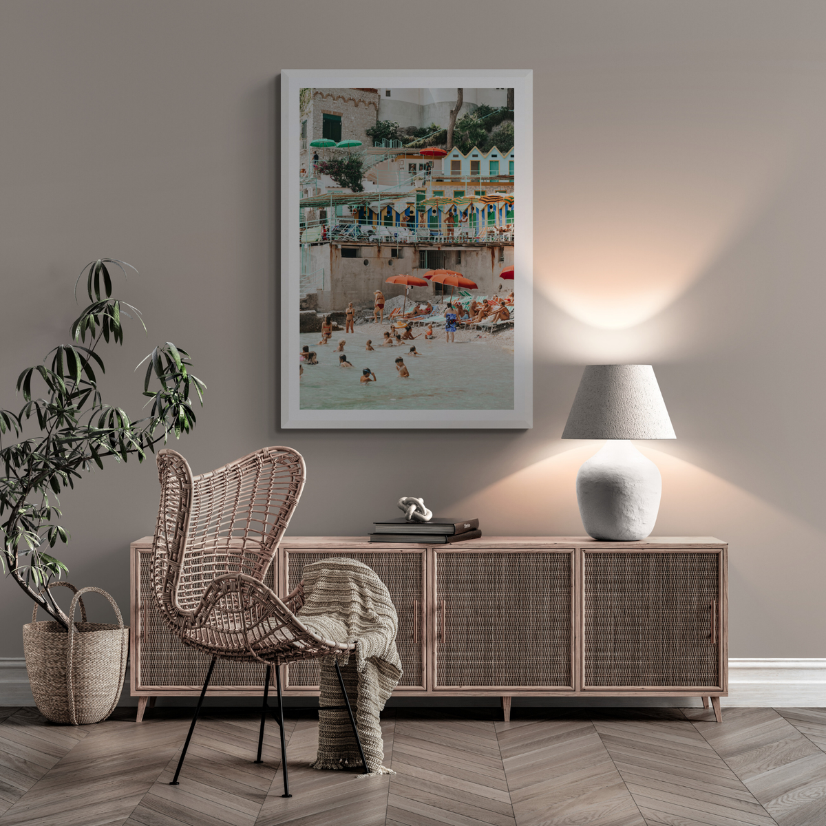 Kaleidoscope Capri coastal Mediterranean wall art framed print styled in a room