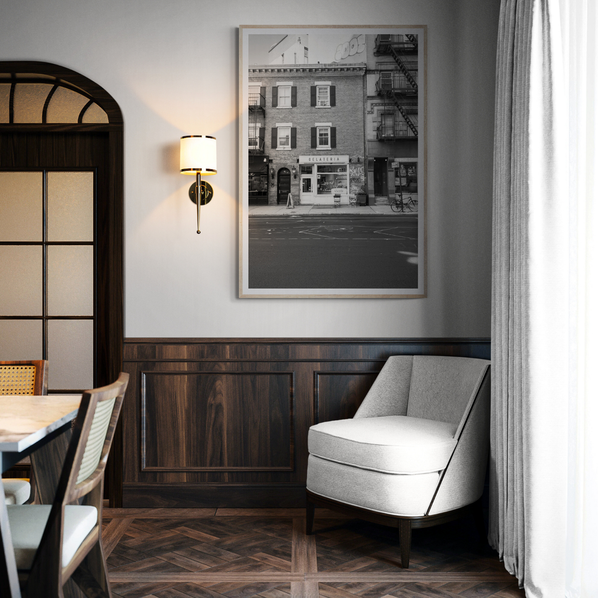 Gelateria New York NYC Black & White wall art framed print styled in a room
