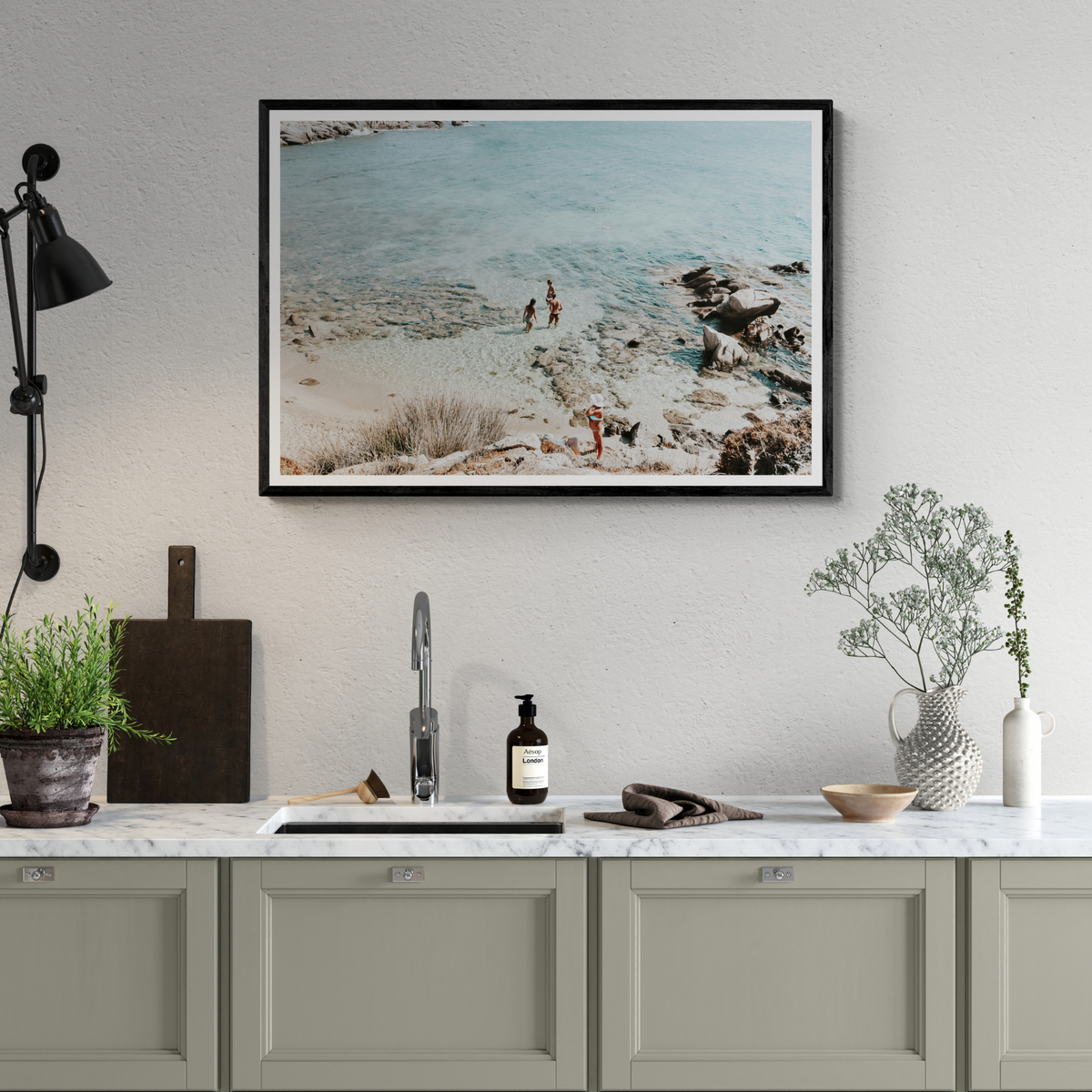 Easy On The Eyes Mykonos Greek island wall art framed print styled in a room view 2