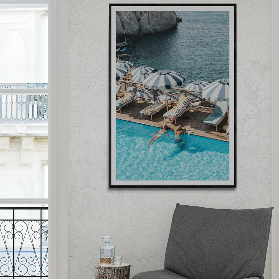 I'm Busy Ischia Italian coastal Mediterranean wall art framed print styled in a room