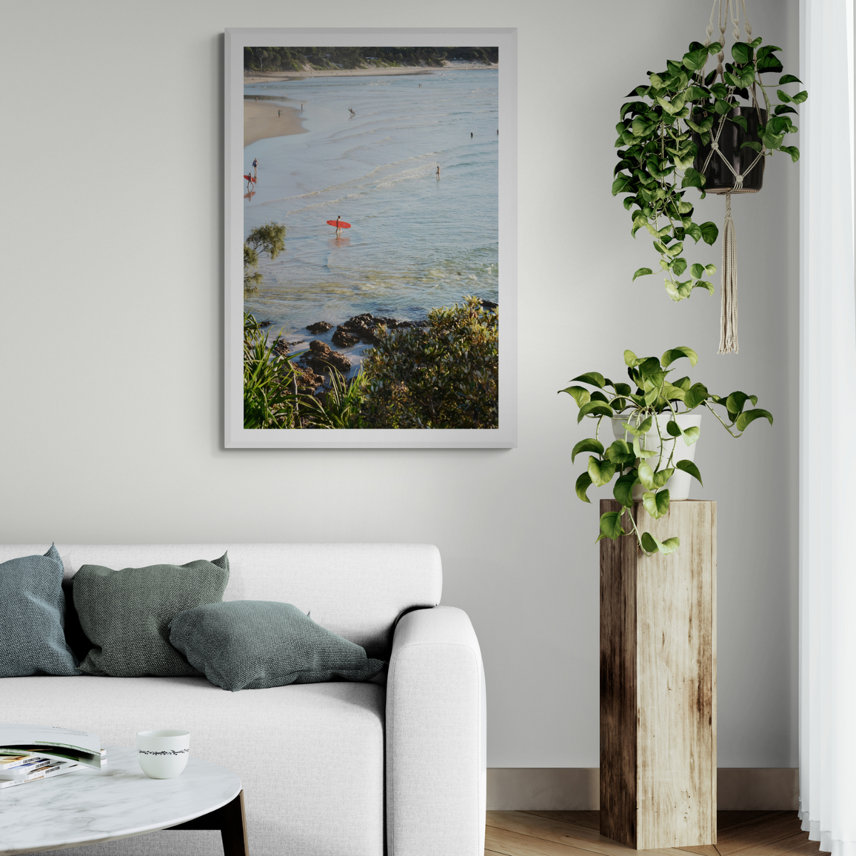 Seclusion Byron Bay Surf coastal wall art framed print styled in a room