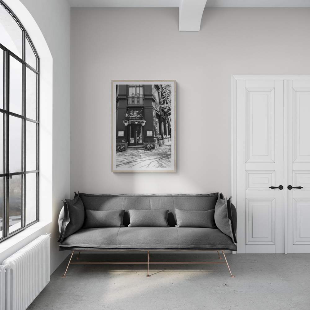 Mary's Corner New York NYC Black & White wall art framed print styled in a room view 2