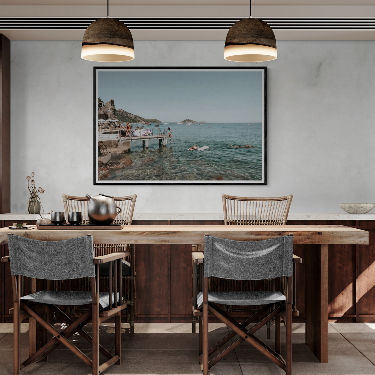 Retro Glamour Tuscany coastal Italian wall art framed print styled in a room