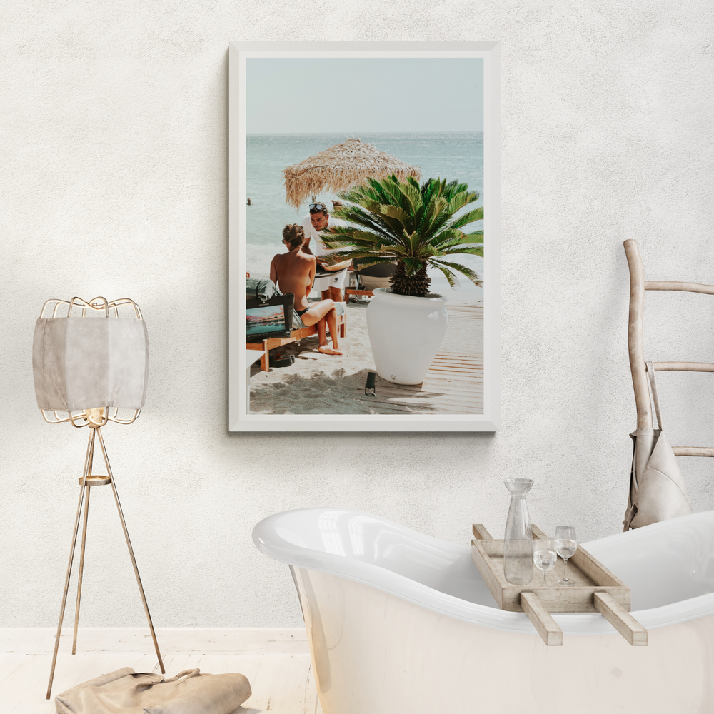 At Your Service Mykonos Greek island wall art framed print styled in a room