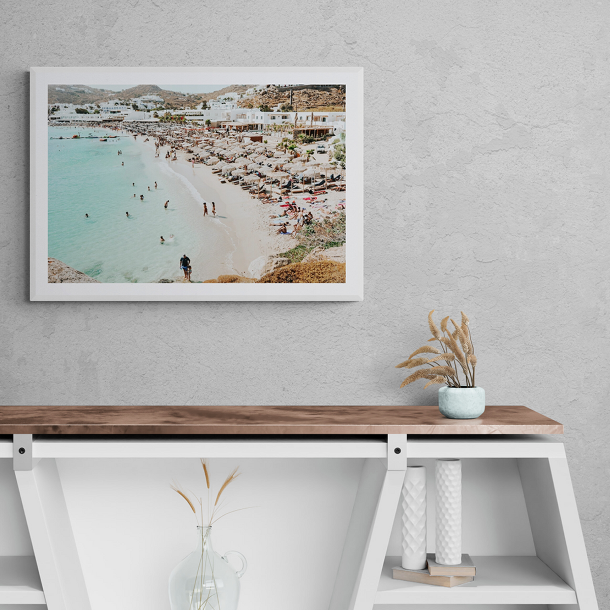 Aquaholic Mykonos Greek island wall art framed print styled in a room