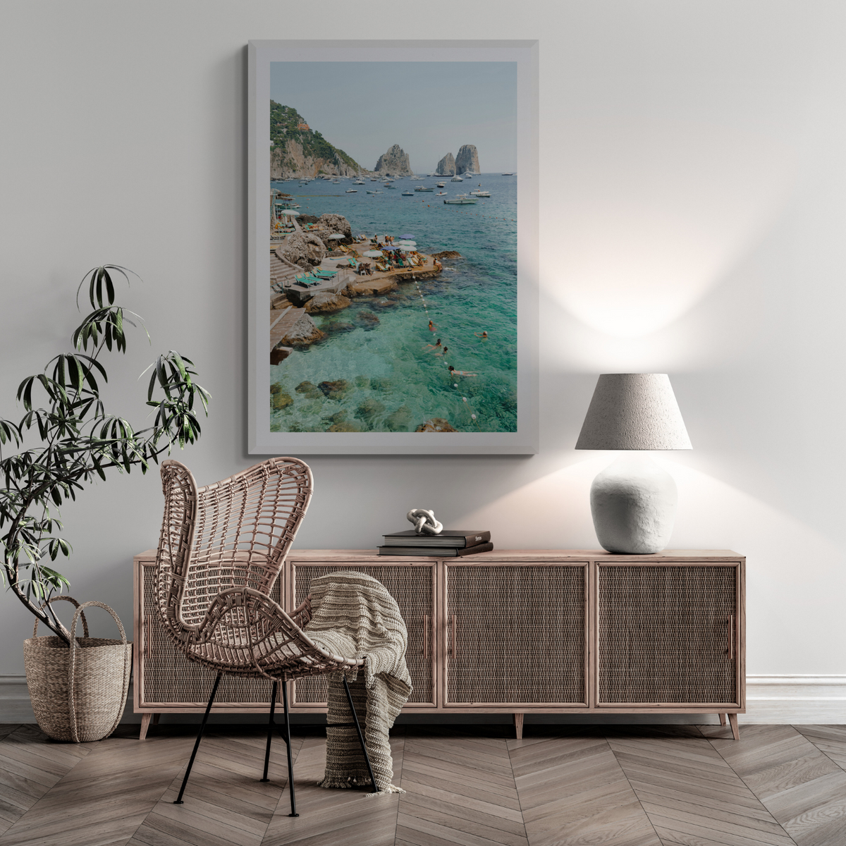 Summertime Blues Capri Mediterranean wall art framed print styled in a room