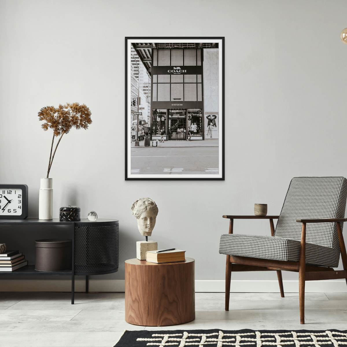 Coach Uptown New York NYC Black & White wall art framed print styled in a room