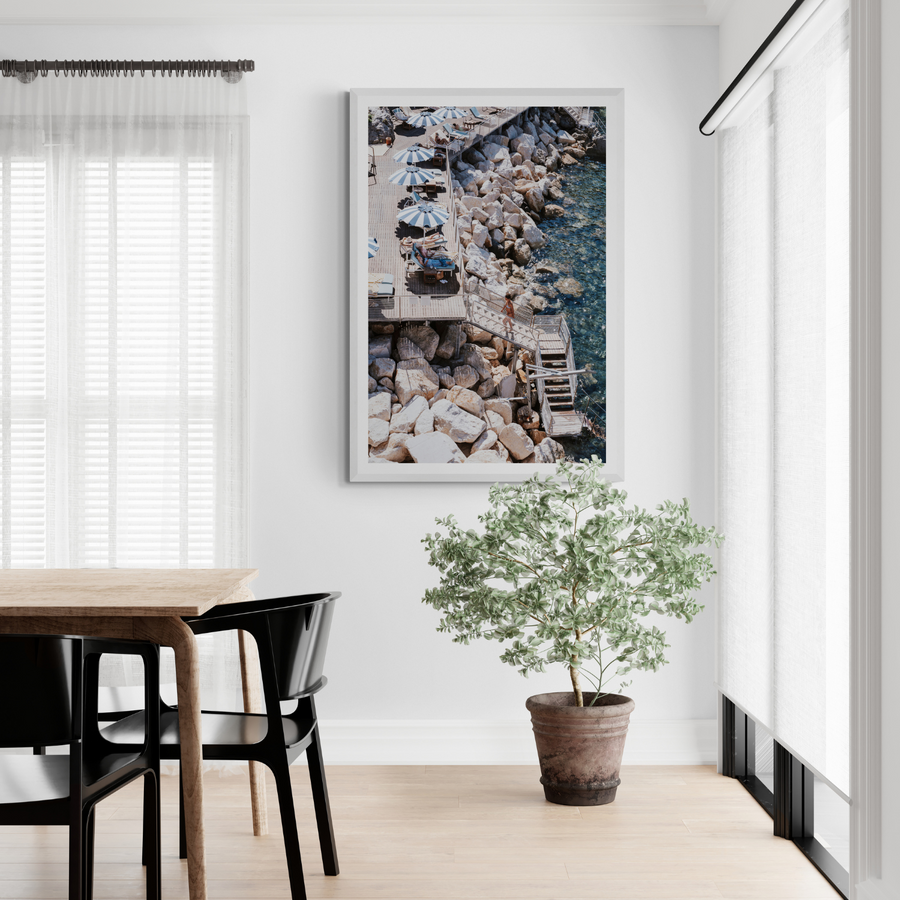 Life On The Shore Ischia Italian Mediterranean decor wall art framed print styled in a room view 2