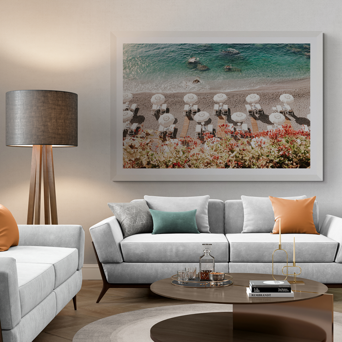 Coastal Charms Amalfi coastal wall art framed print styled in a room