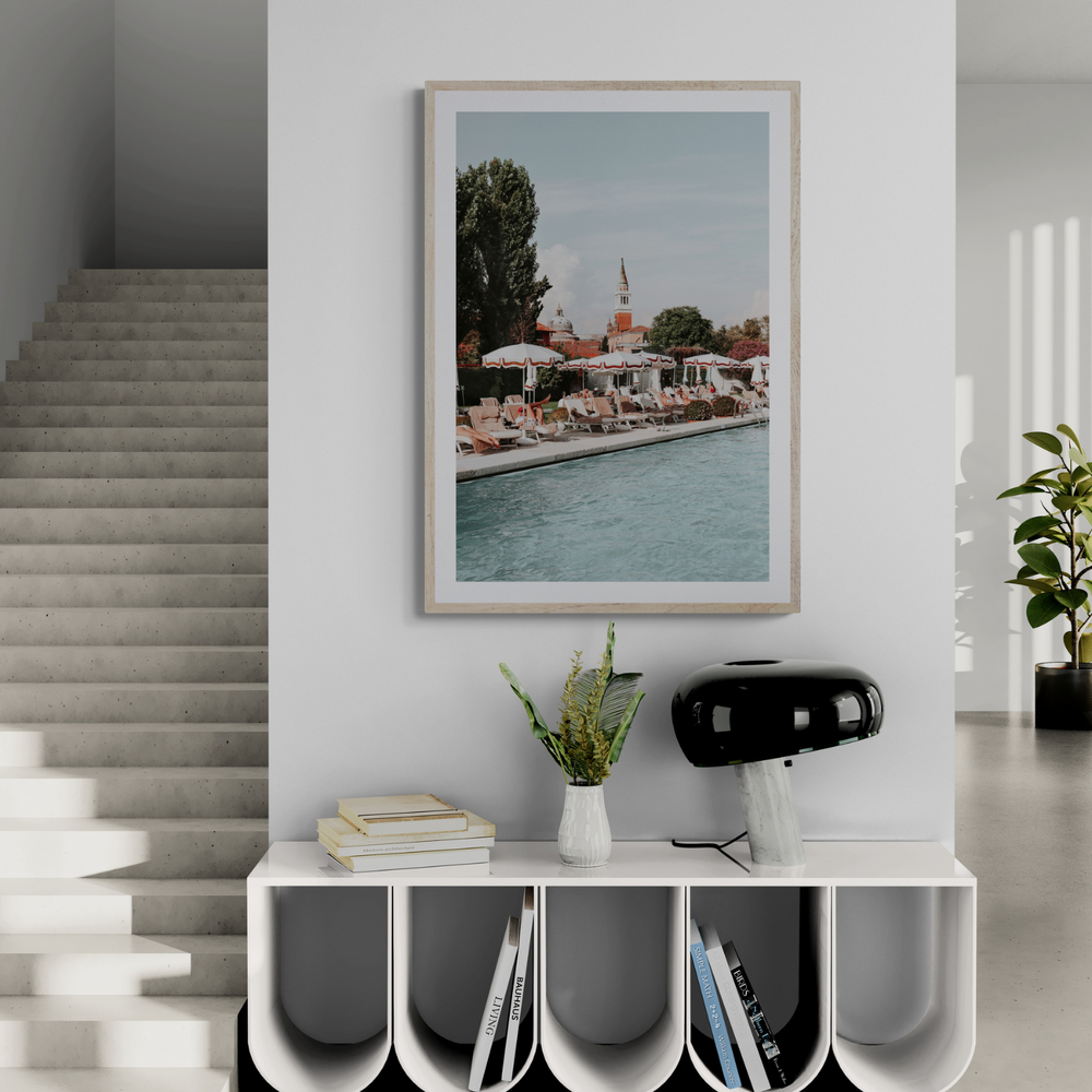 Poolside Perch Venice Italian wall art framed print styled in a room view 3
