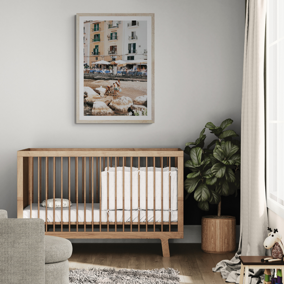 Sunny Playtime Sorrento coastal wall art framed print styled in a room