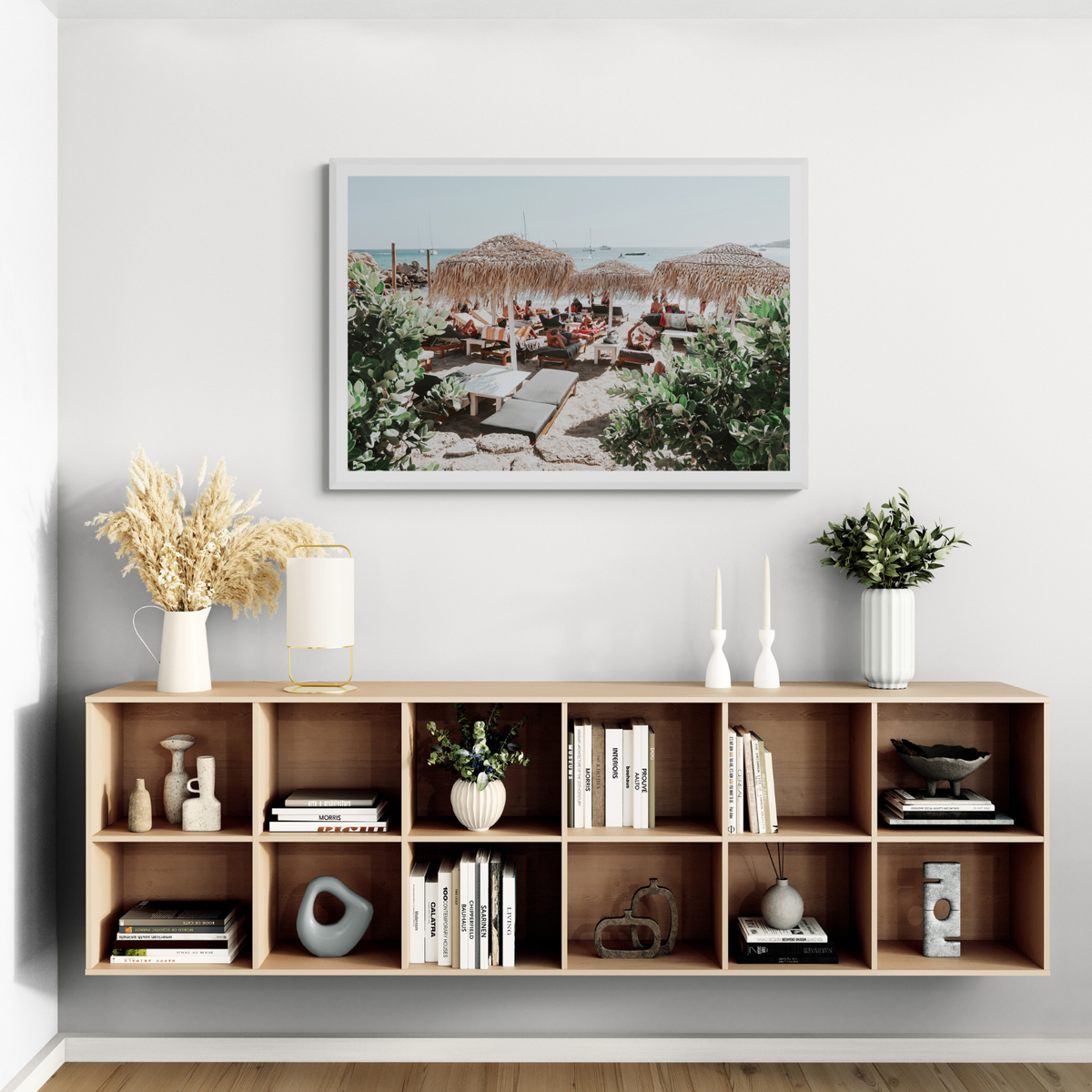 Greek Haven Mykonos Greek island coastal wall art framed print styled in a room