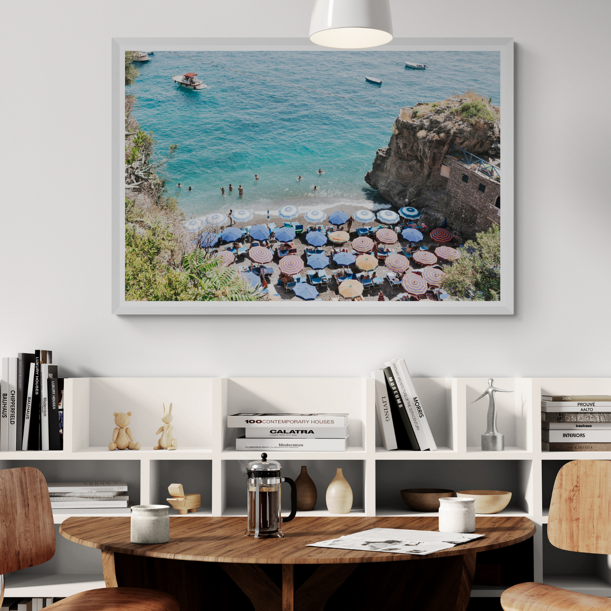 The Cove Positano coastal wall art framed print styled in a room