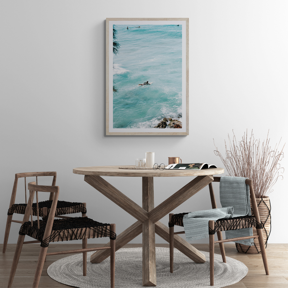 Blue Crush Byron Bay Surf coastal wall art framed print styled in a room view 2