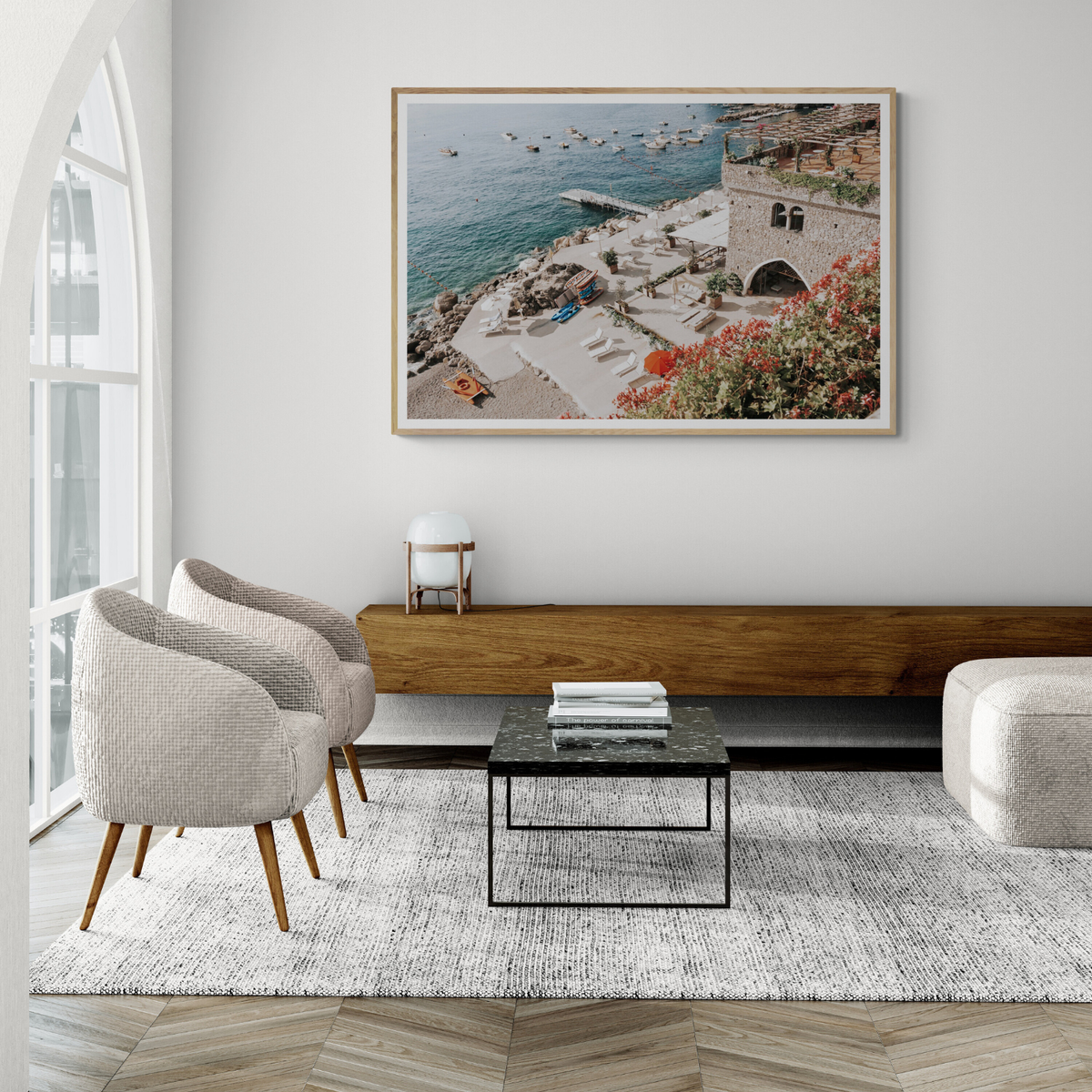 Floral Fortress Amalfi Coast Mediterranean wall art framed print styled in a room