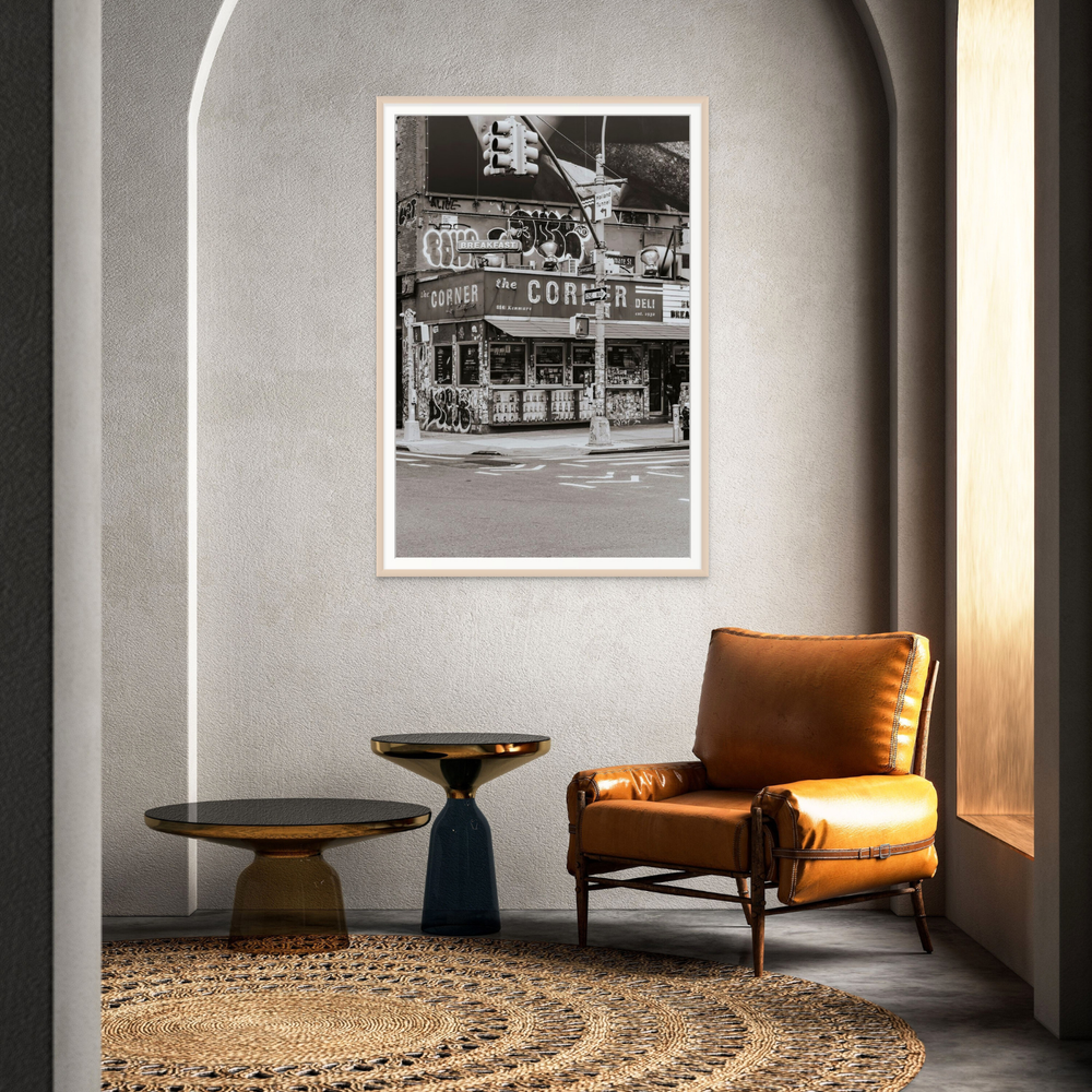 Soho Deli New York NYC Black & White wall art framed print styled in a room view 2