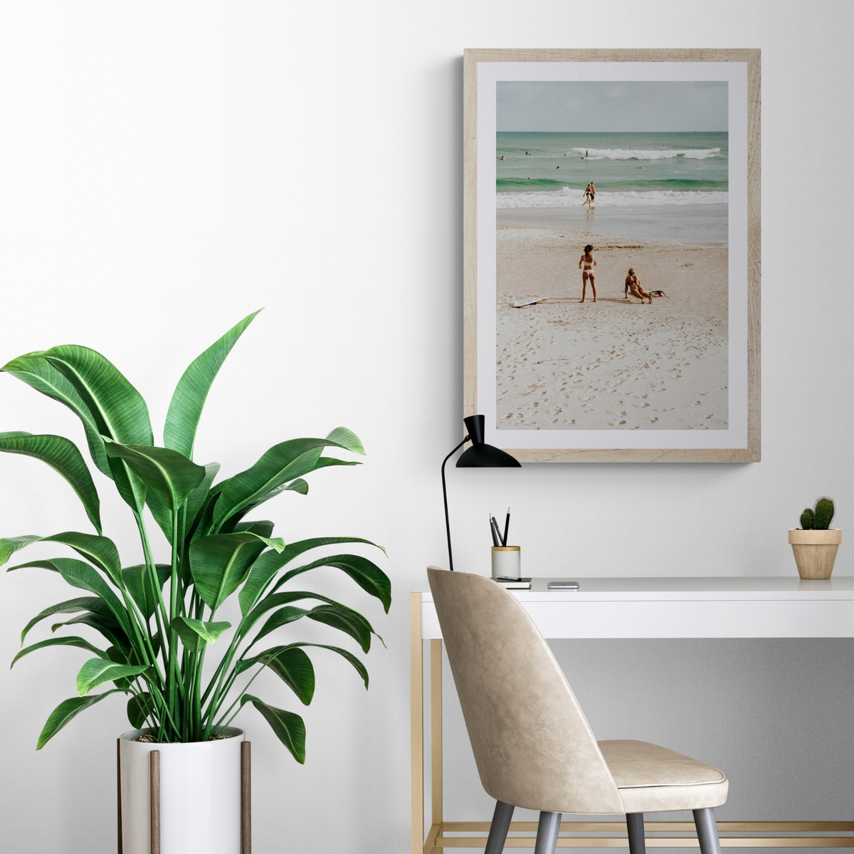Gidget & Betty Byron Bay beach coastal wall art framed print styled in a room