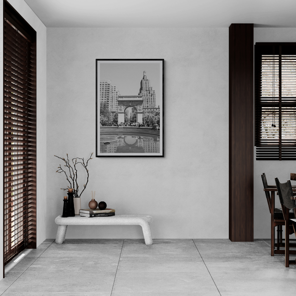 Washington Skyline New York NYC Black & White wall art framed print styled in a room