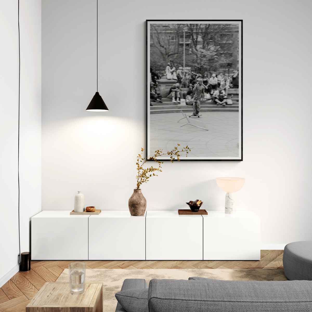 Skate Park Serenade New York NYC Black & White wall art framed print styled in a room