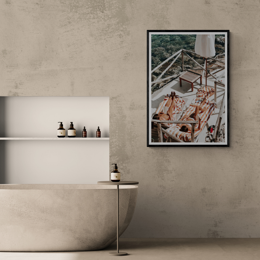 Sun Kissed Tuscany coastal Mediterranean wall art framed print styled in a room